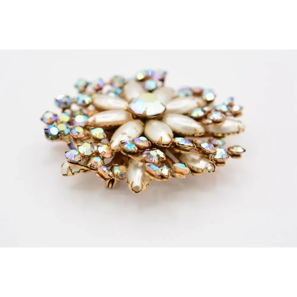 Vintage Crystal Flower Pin Brooch Aurora Borealis Rhinestone Prong 1980s BinAT